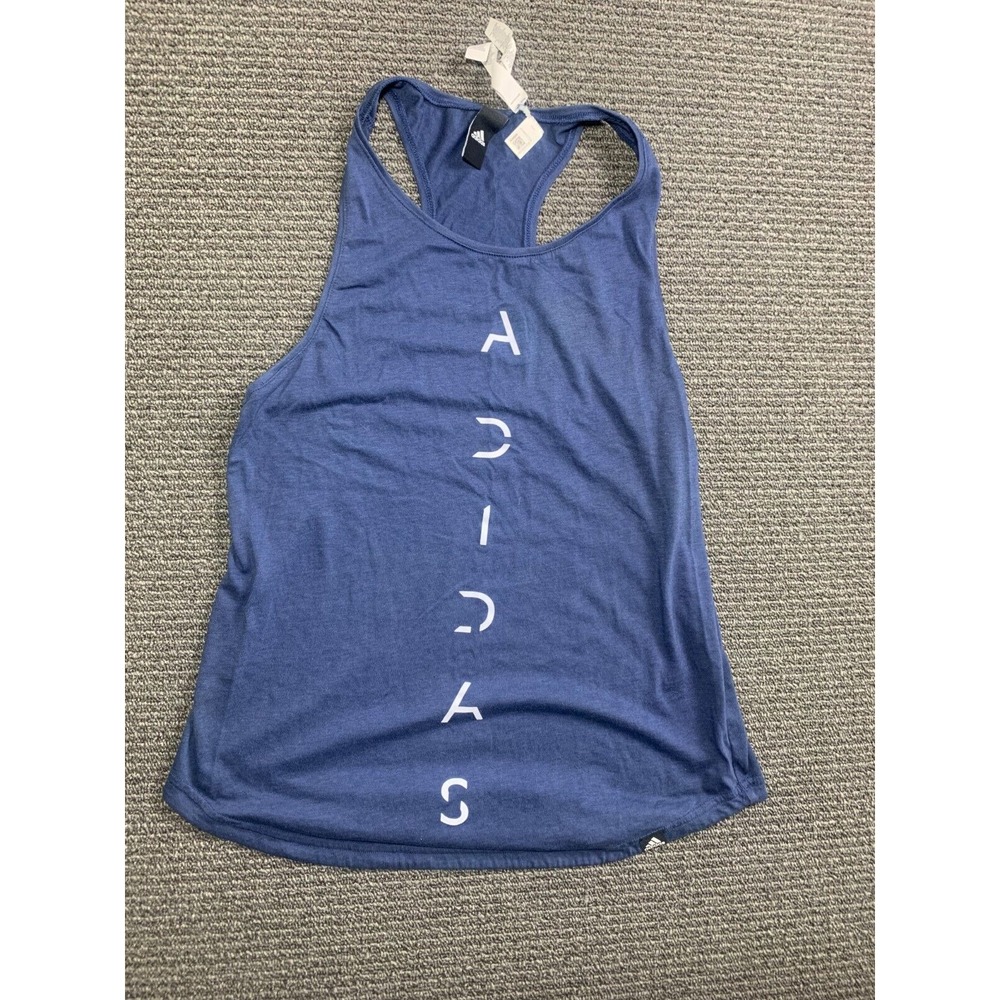 Adidas Womens Blue Cotton Graphic Logo Racerback Tank Top Gym Running Small